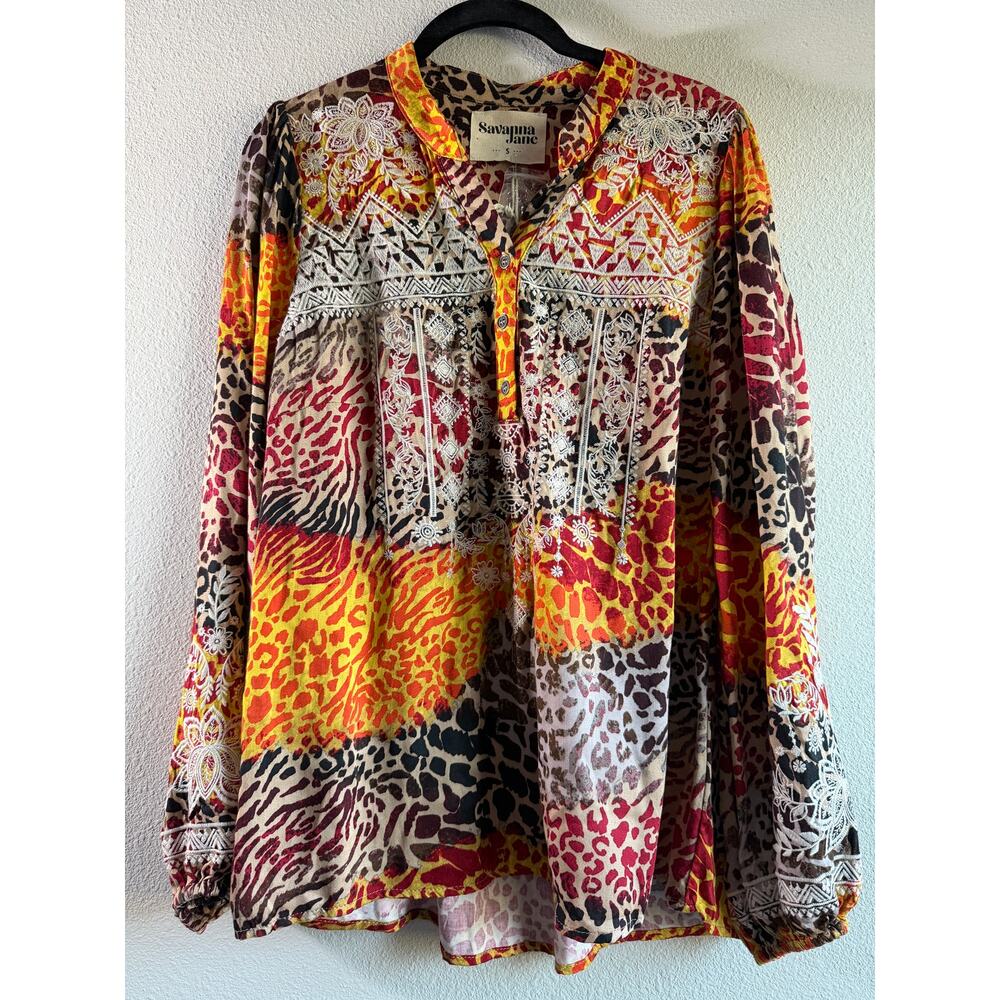 Savanna Jane Small Mixed Animal Print Embroidered Long Sleeve Button Down NWT